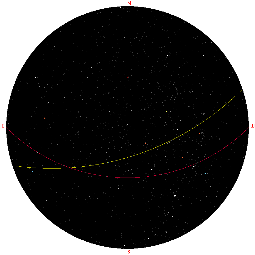 Sky chart for latitude 45 degrees North and 9 hours sidereal time without the constellations drawn in